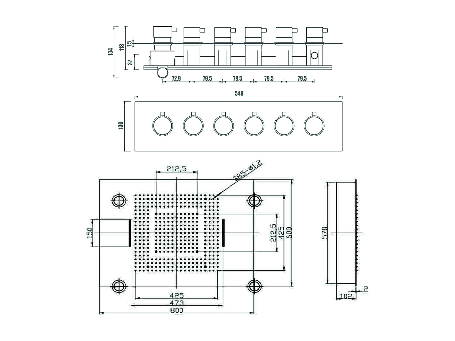 Composition de douche thermostatique avec ciel de pluie LED 800x600 mm - Noir