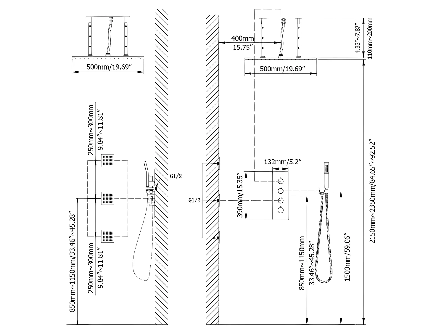 Pack de douche encastré au plafond standard 400 mm - Noir