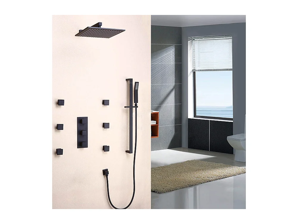 Ensemble de douche thermostatique mural en laiton massif fini en noir uni 300 mm