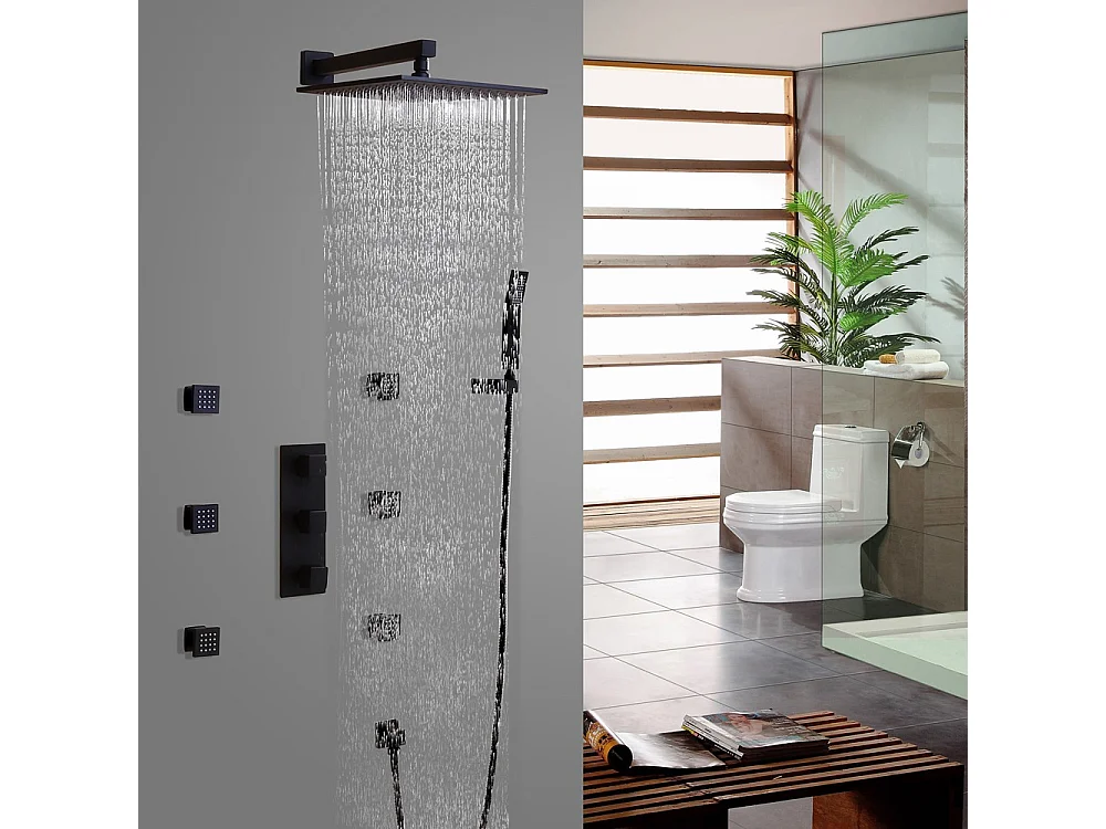 Ensemble de douche thermostatique mural en laiton massif fini en noir uni 300 mm