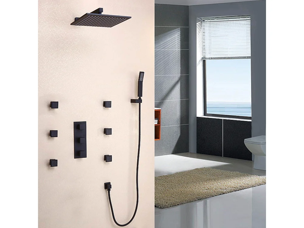 Ensemble de douche thermostatique mural en laiton massif fini en noir uni 300 mm