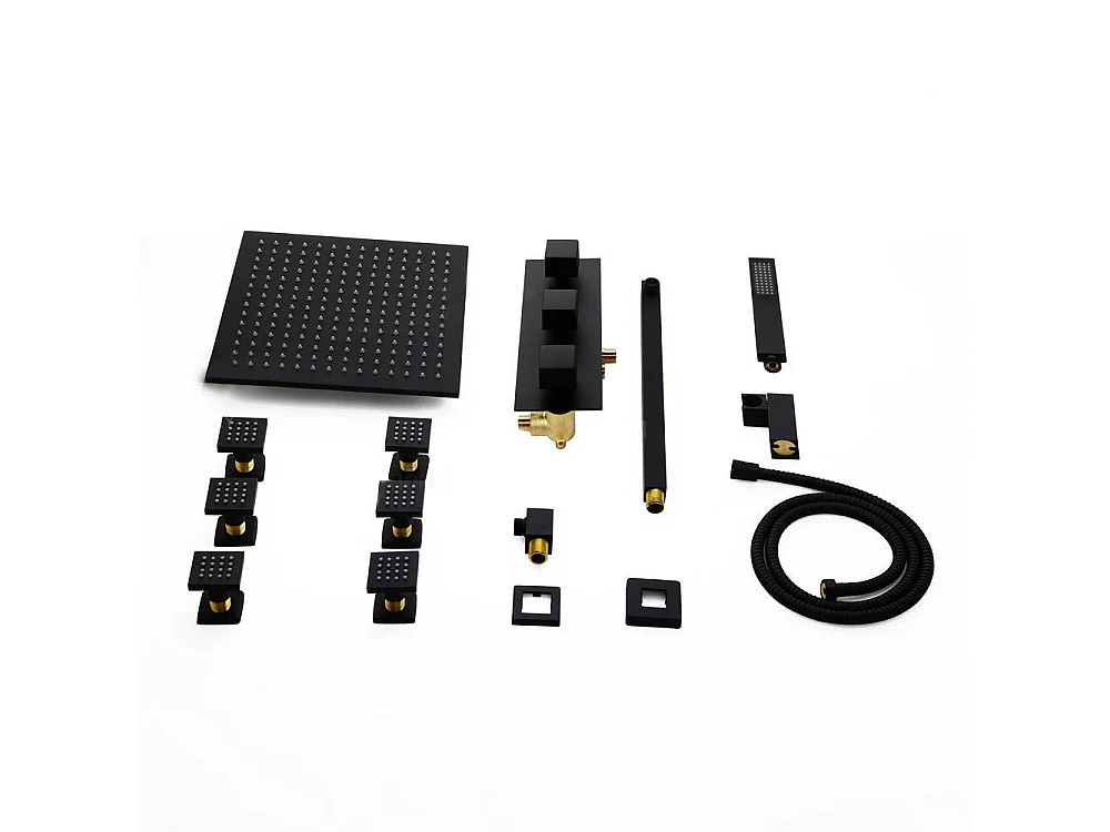 Ensemble de douche thermostatique mural en laiton massif fini en noir uni 300 mm