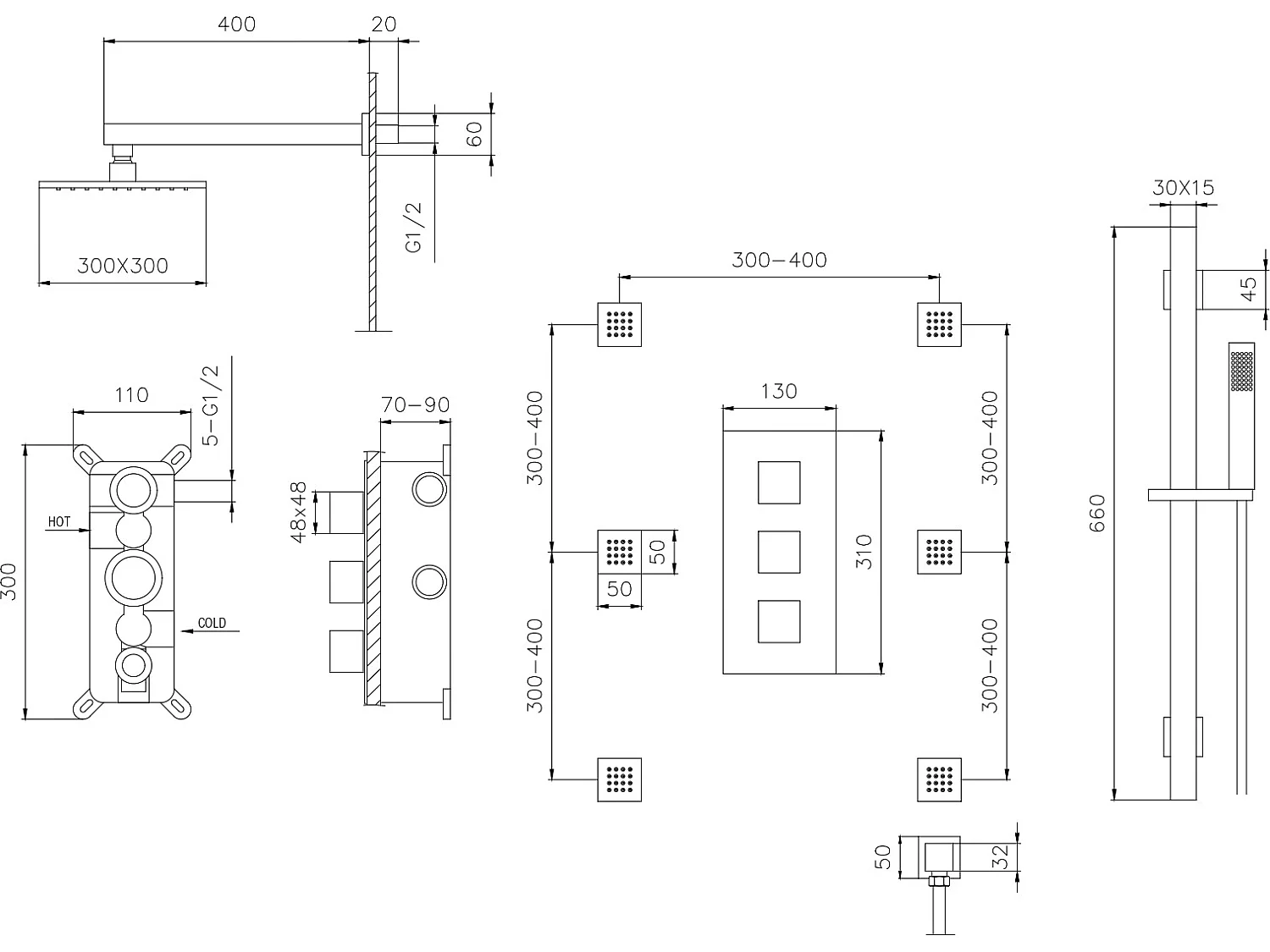 Ensemble de douche thermostatique mural en laiton massif fini en noir uni 300 mm