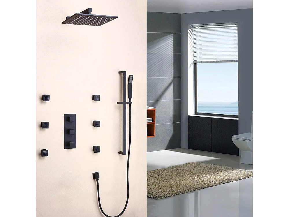 Ensemble de douche thermostatique mural en laiton massif fini en noir uni 300 mm