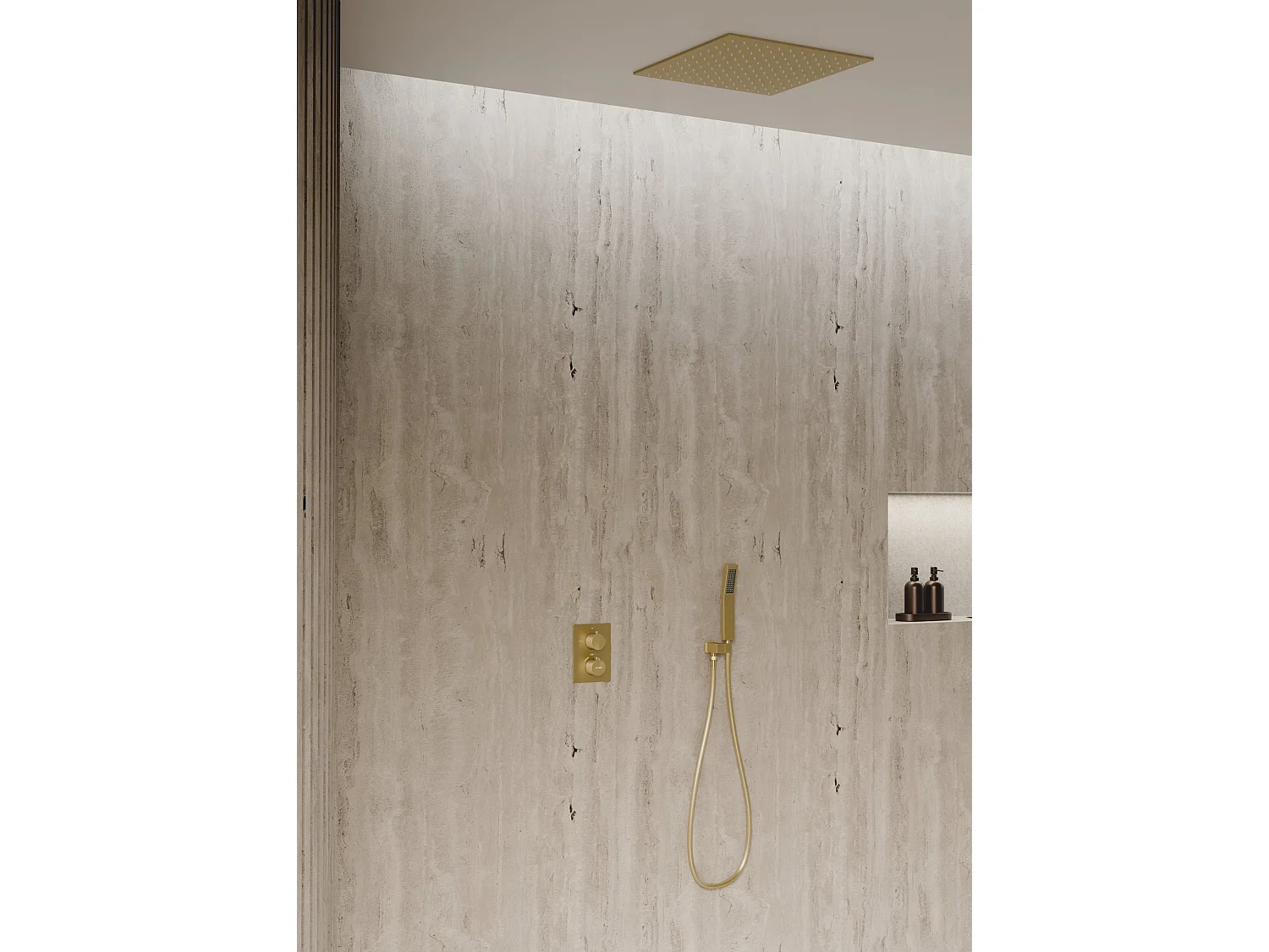 Système de douche thermostatique encastré au plafond - Doré brossé