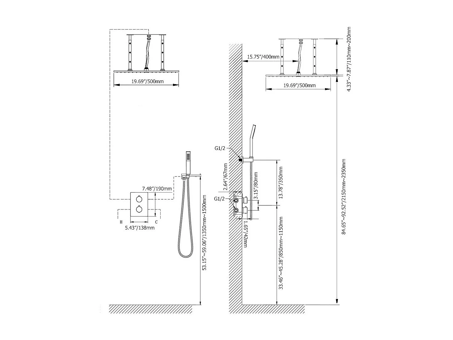 Système de douche thermostatique encastré au plafond - Doré brossé