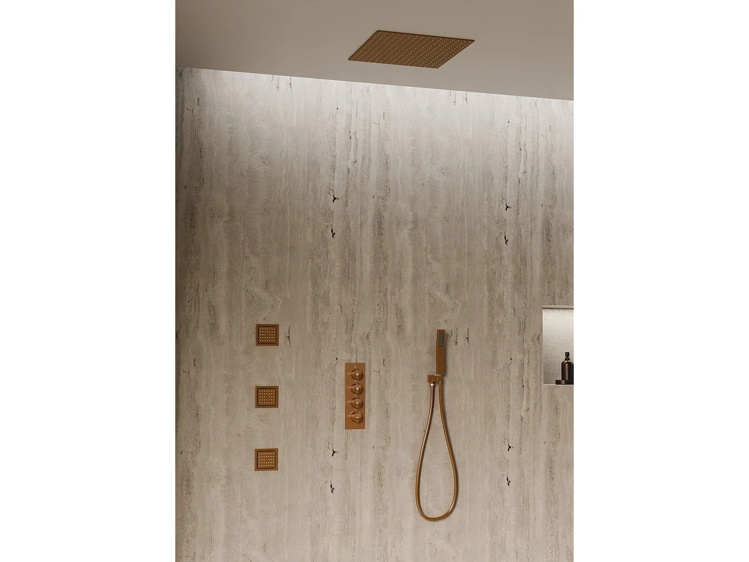 Système de douche thermostatique au plafond avec jets encastré 500 mm - Or rose brossé