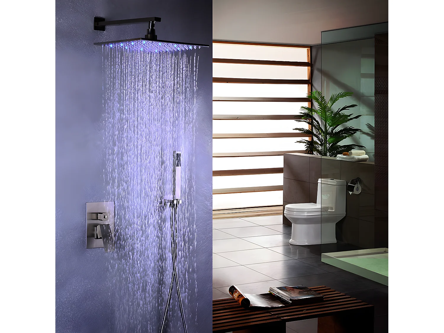 Composition de douche LED avec douchette - Nickel brossé - LED - 300 mm