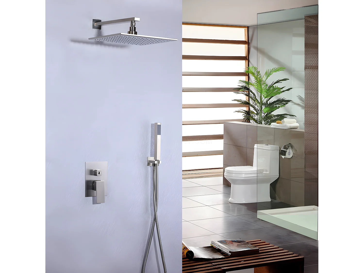 Composition de douche LED avec douchette - Nickel brossé - LED - 300 mm