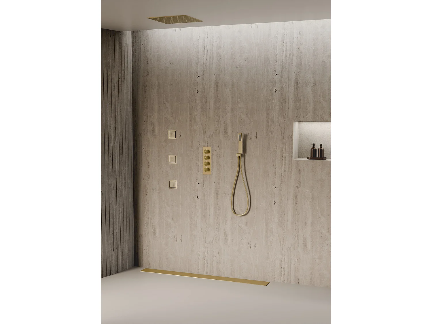 Système de douche thermostatique au plafond avec jets encastré 500 mm - Doré brossé