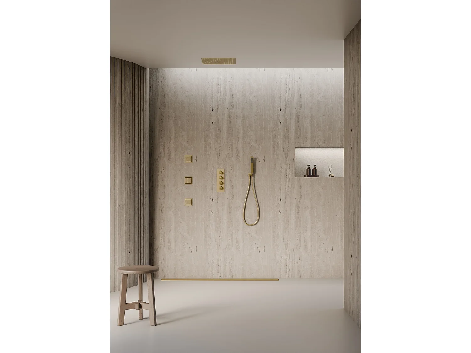 Système de douche thermostatique au plafond avec jets encastré 500 mm - Doré brossé