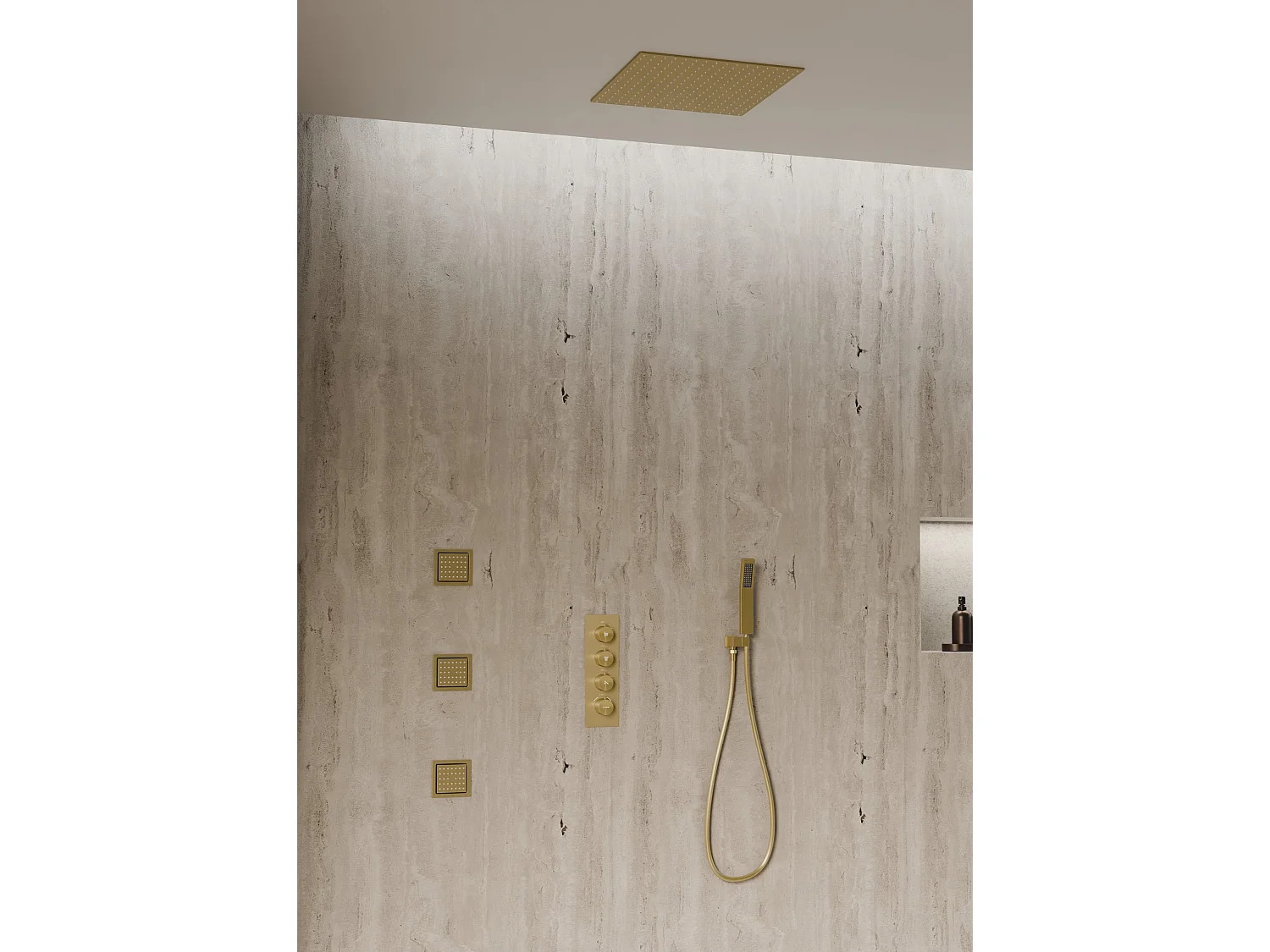 Système de douche thermostatique au plafond avec jets encastré 500 mm - Doré brossé