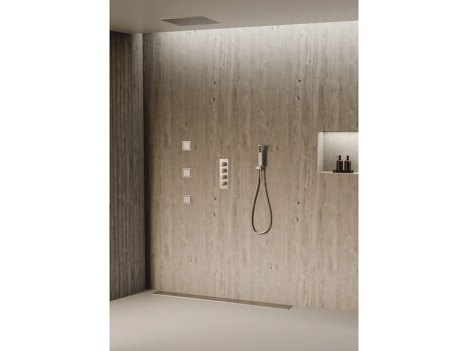 Système de douche thermostatique au plafond avec jets encastré 500 mm - Nickel brossé