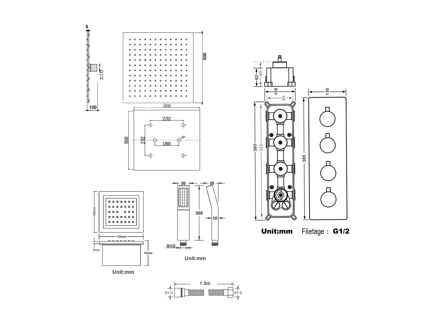 Système de douche thermostatique au plafond avec jets encastré 500 mm - Nickel brossé