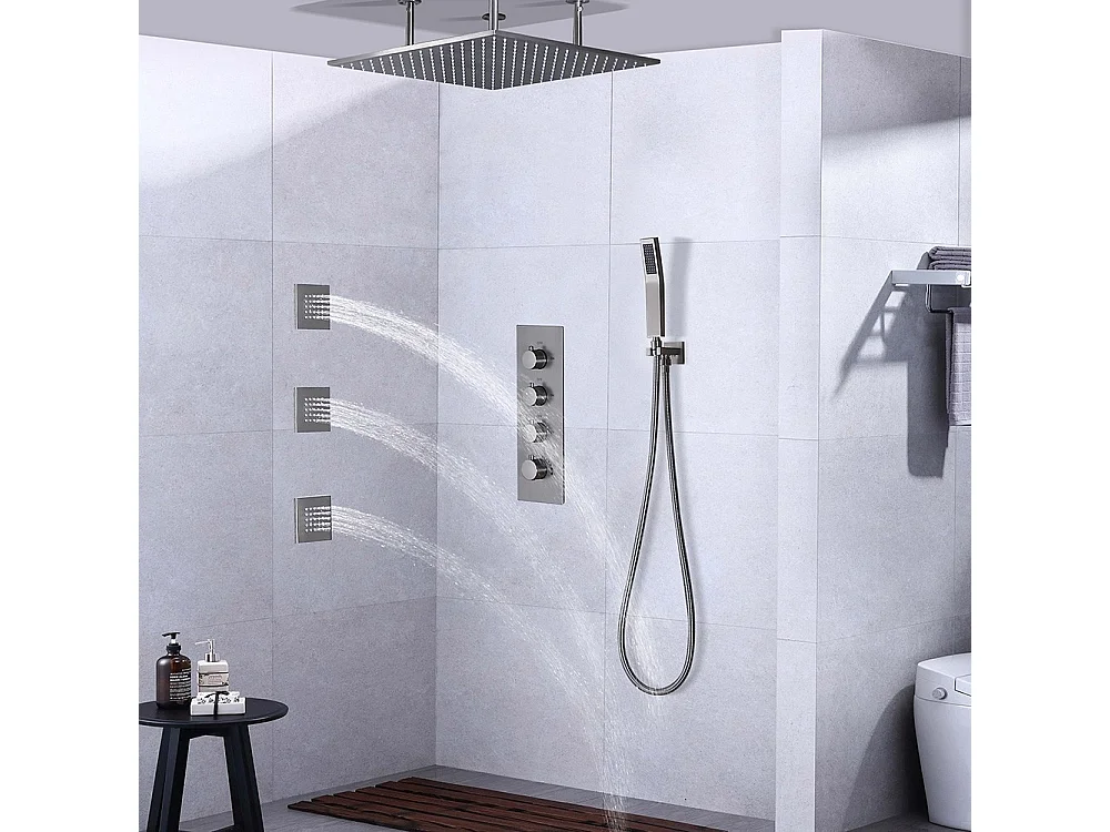 Système de douche thermostatique au plafond avec jets encastré 500 mm - Nickel brossé