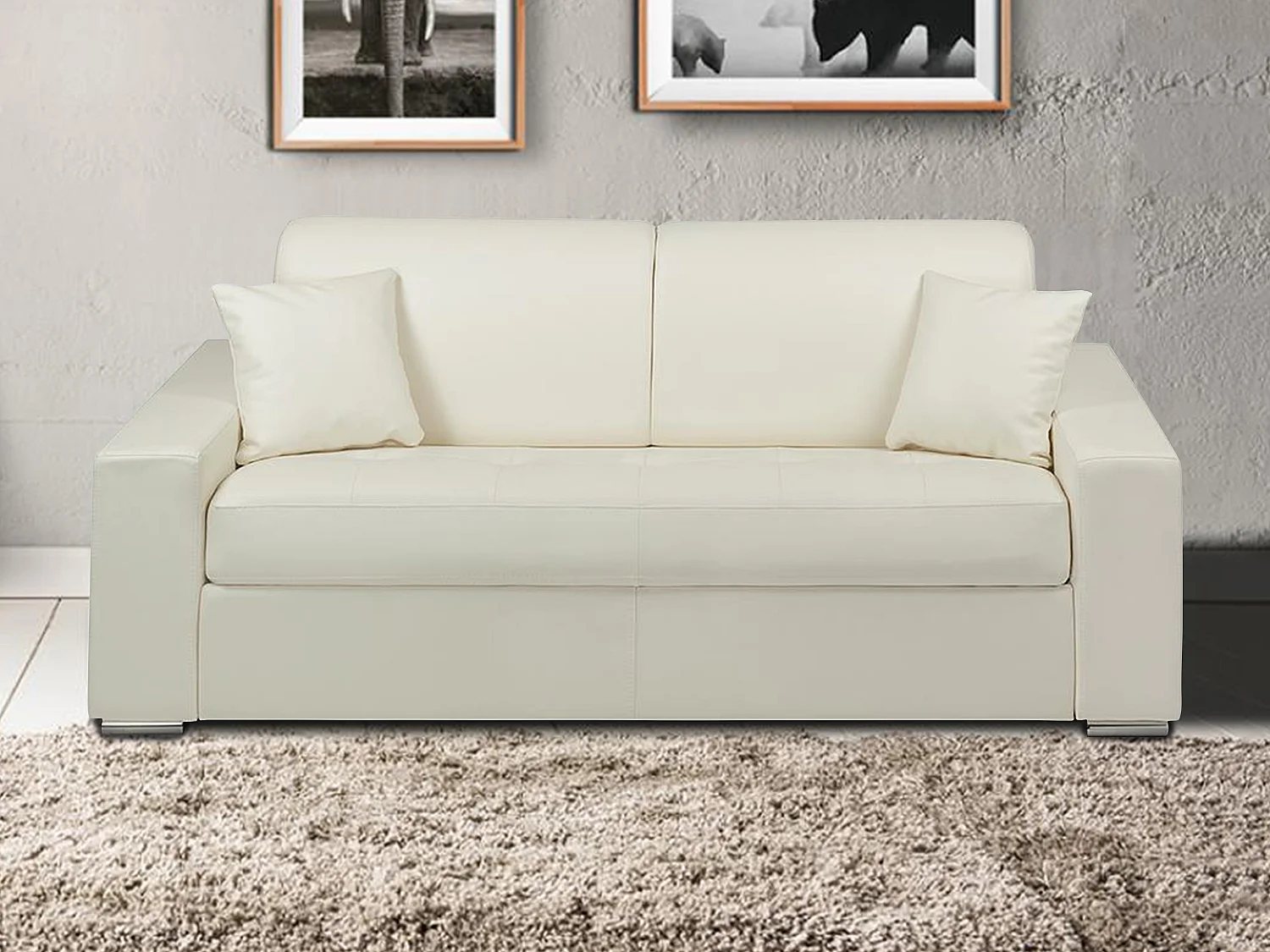 Canapé 3 places convertible express en simili EMIR - Blanc - Couchage 140 cm - Matelas 14 cm