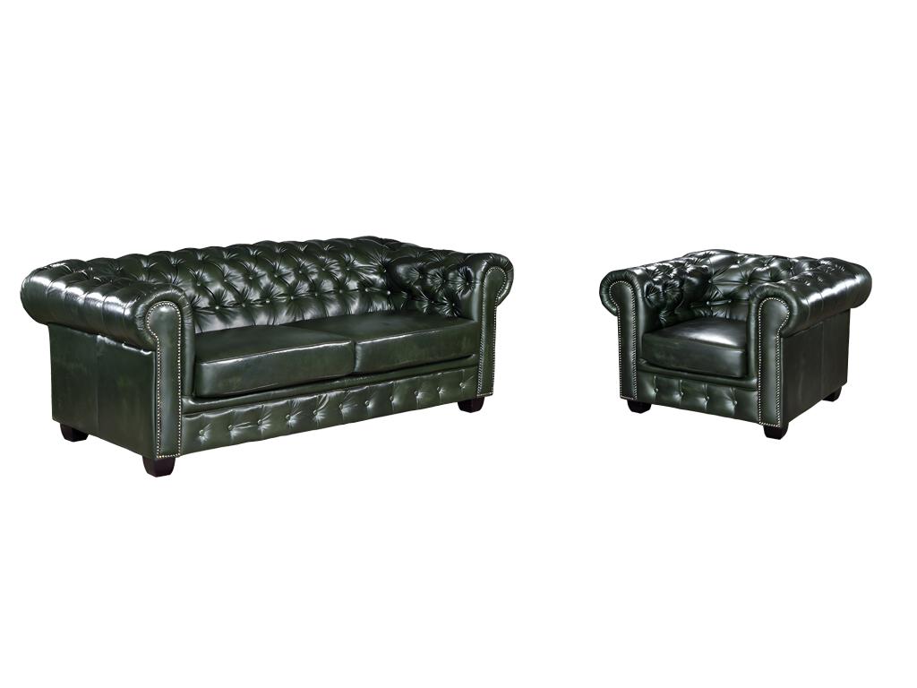Canapé chesterfield 3 places et un fauteuil BRENTON 100% cuir de buffle - Vert empire