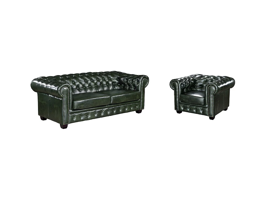 Chesterfield Garnitur 3+1 - Büffelleder - Schwarzgrün - BRENTON