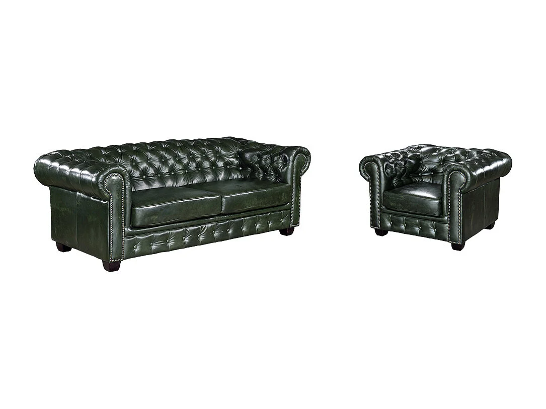 Canapé chesterfield 3 places et un fauteuil BRENTON 100% cuir de buffle - Vert empire