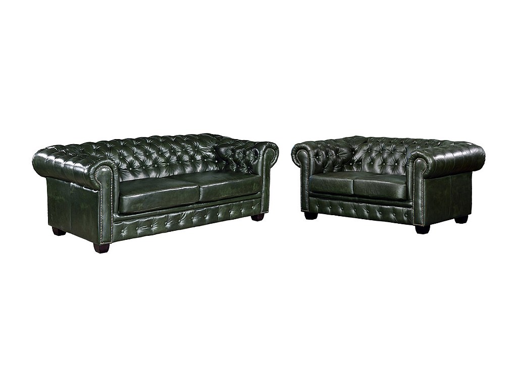 Chesterfield Garnitur 3+2 - Büffelleder - Schwarzgrün - BRENTON