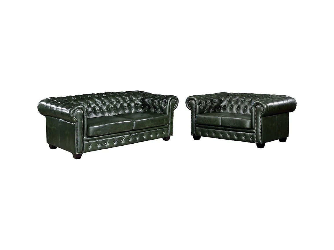Chesterfield Garnitur 3+2 - Büffelleder - Schwarzgrün - BRENTON