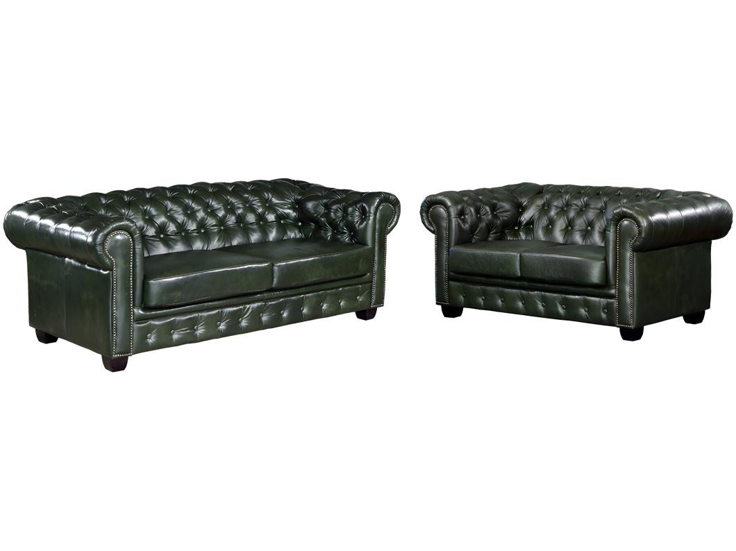 Divano Chesterfield 3+2 posti 100% cuoio di bufalo Verde imperiale - BRENTON