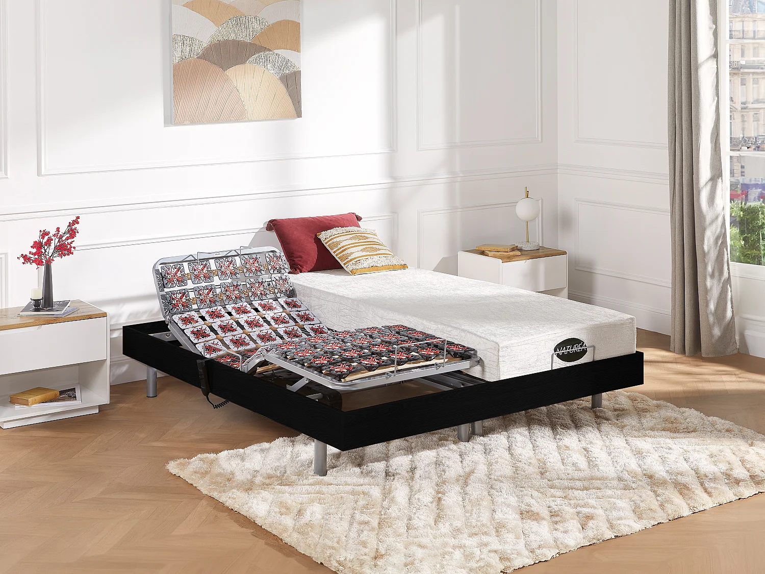 Cama eléctrica de relajación con terminales y colchón con memoria de forma y bambú LYSIS III de NATUREA - Motores OKIN - 2x70x190 cm - negro