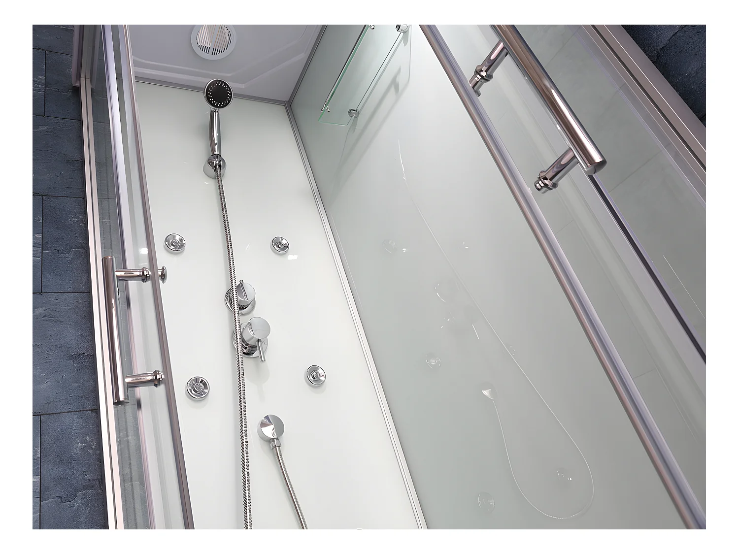 Prysznic z hydromasażem TYRAL - 2 strefy z dyszami masującymi - L90 x l 70 x wys.212 cm - Funkcja deszcz tropikalny i mała głowica prysznicowa