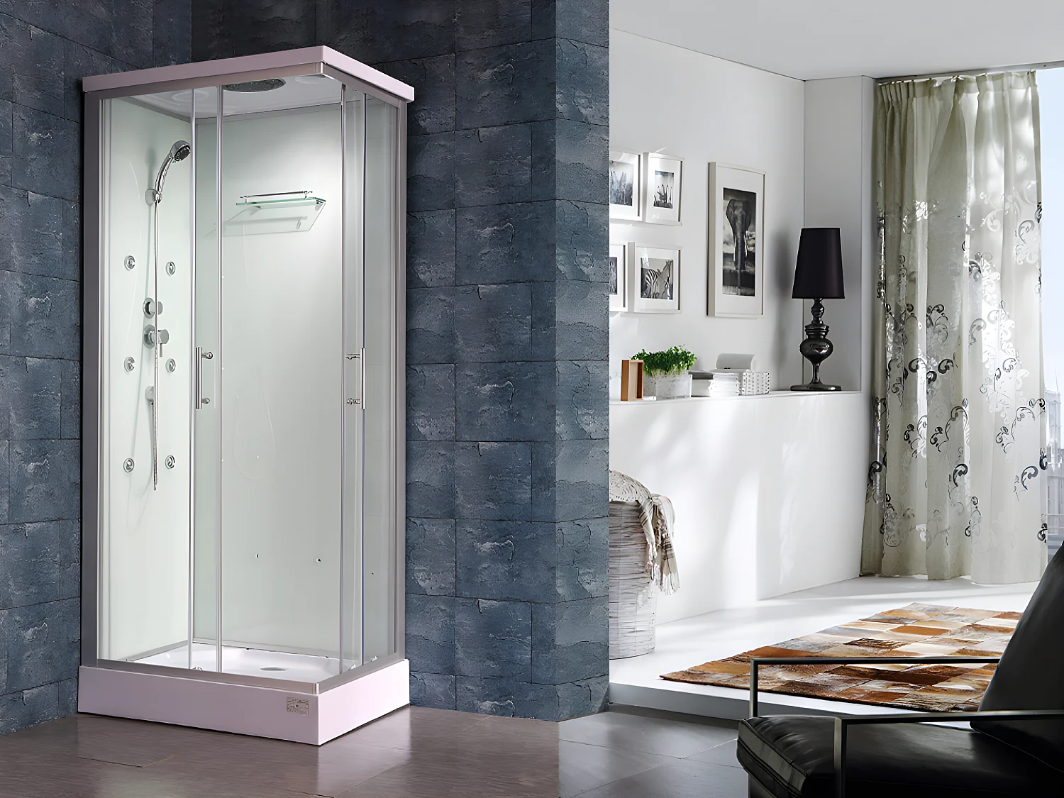 Prysznic z hydromasażem TYRAL - 2 strefy z dyszami masującymi - L90 x l 70 x wys.212 cm - Funkcja deszcz tropikalny i mała głowica prysznicowa