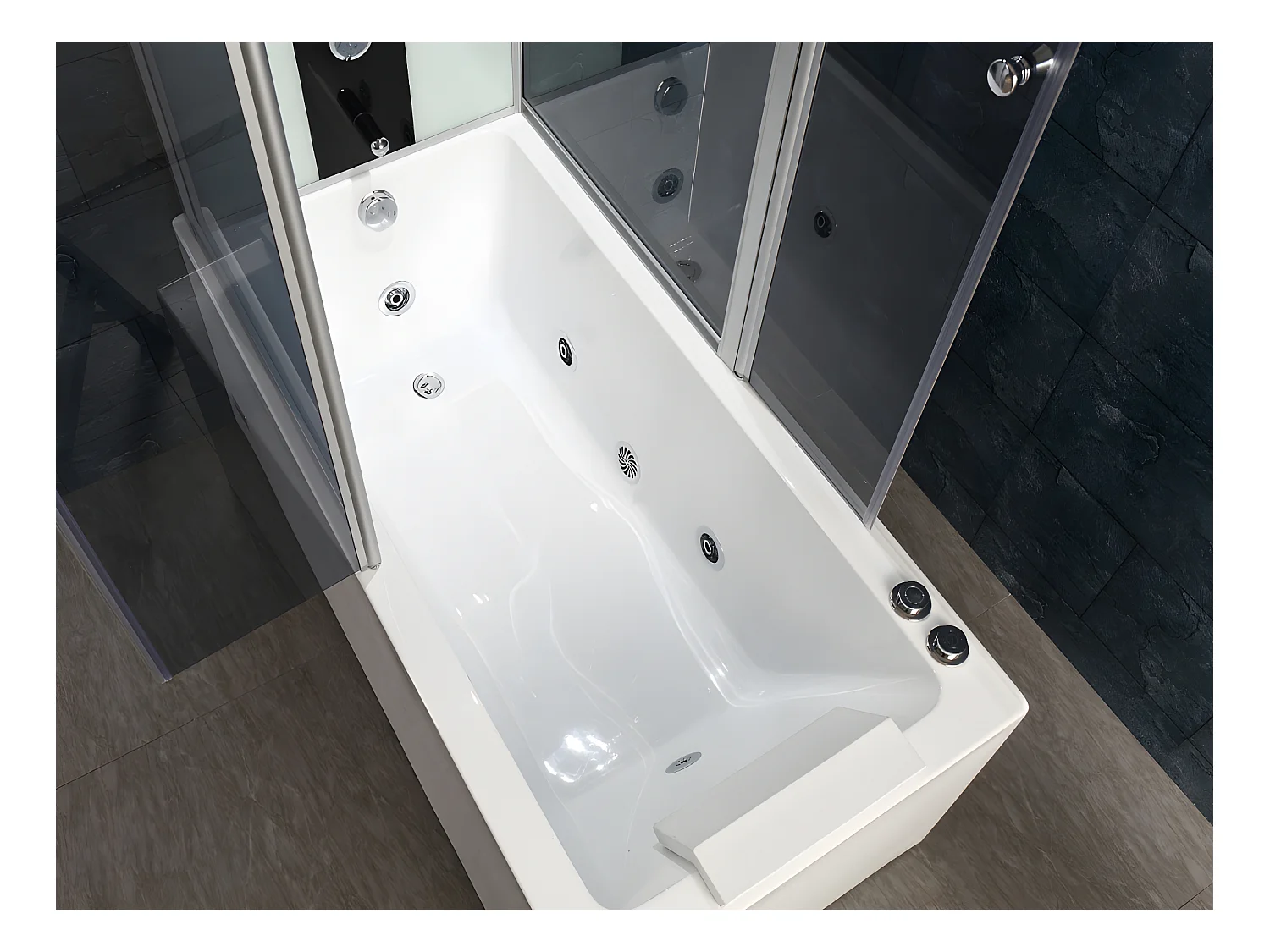 Whirlpool Badewanne mit Glasscheibe dunkelgrau - L150 x T75 x H215 cm - 30 Mikrojets und 6 große Jets - DARIA
