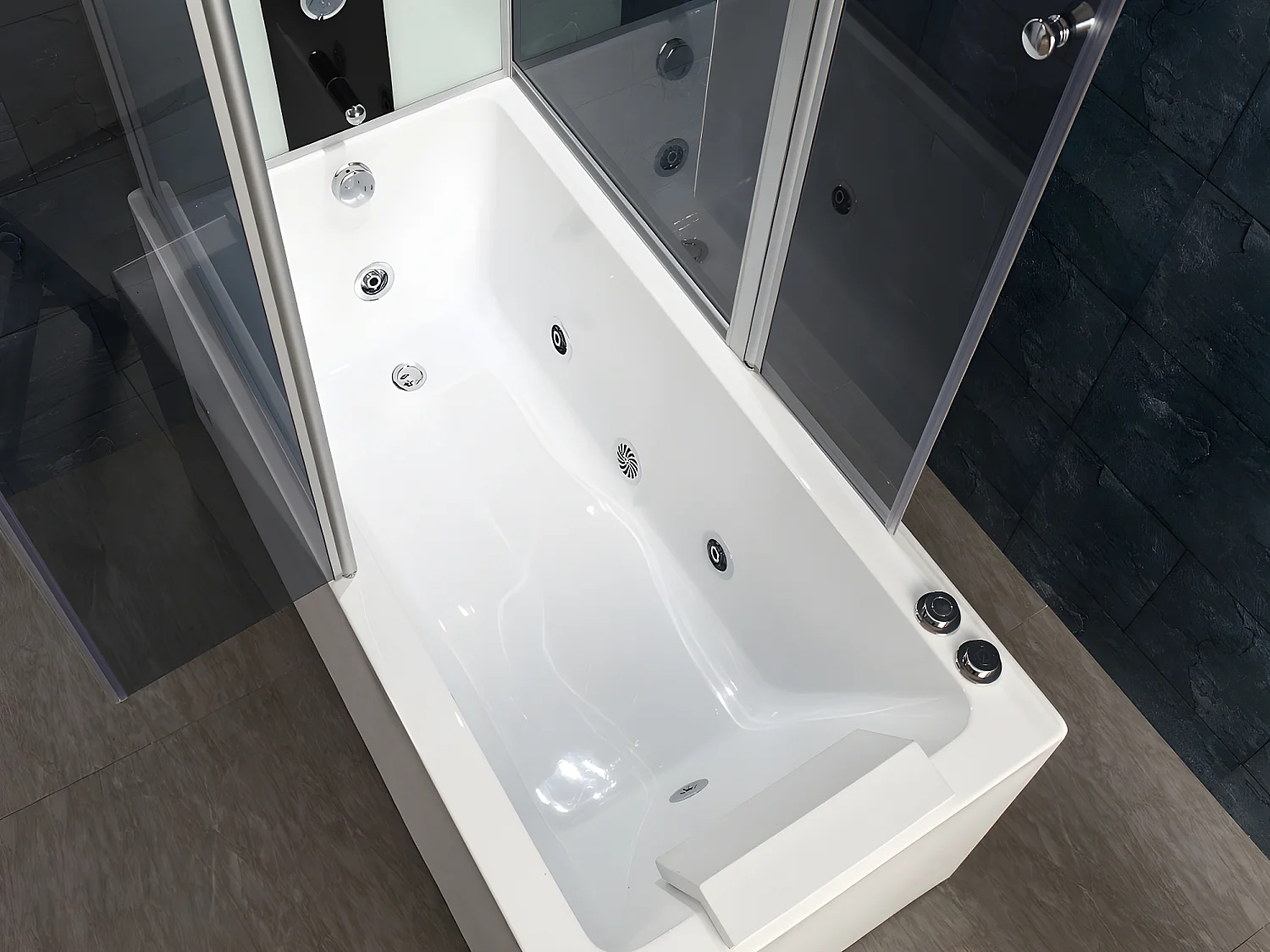 Baignoire douche balnéo - Profilés gris foncé - L150 x P75 x H215 cm - 30 microjets et 6 gros jets - DARIA