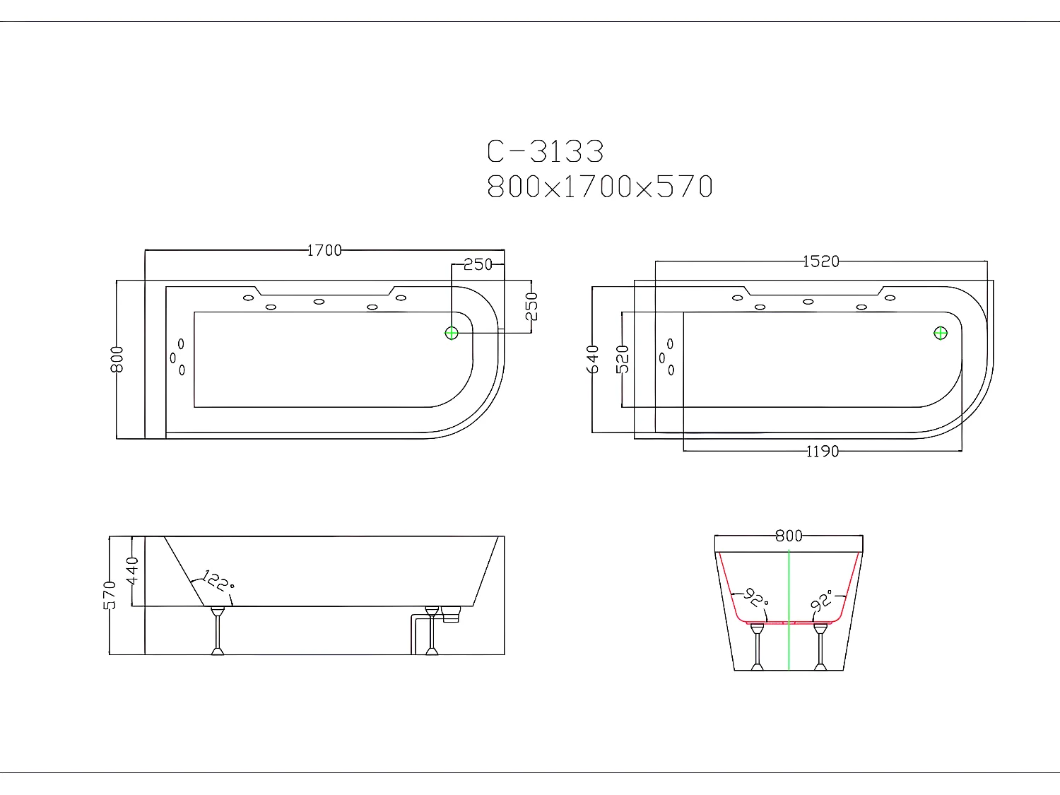 Massagebad met glazen wand ARIA wit - persoons -  170*80*57cm - linkse hoek