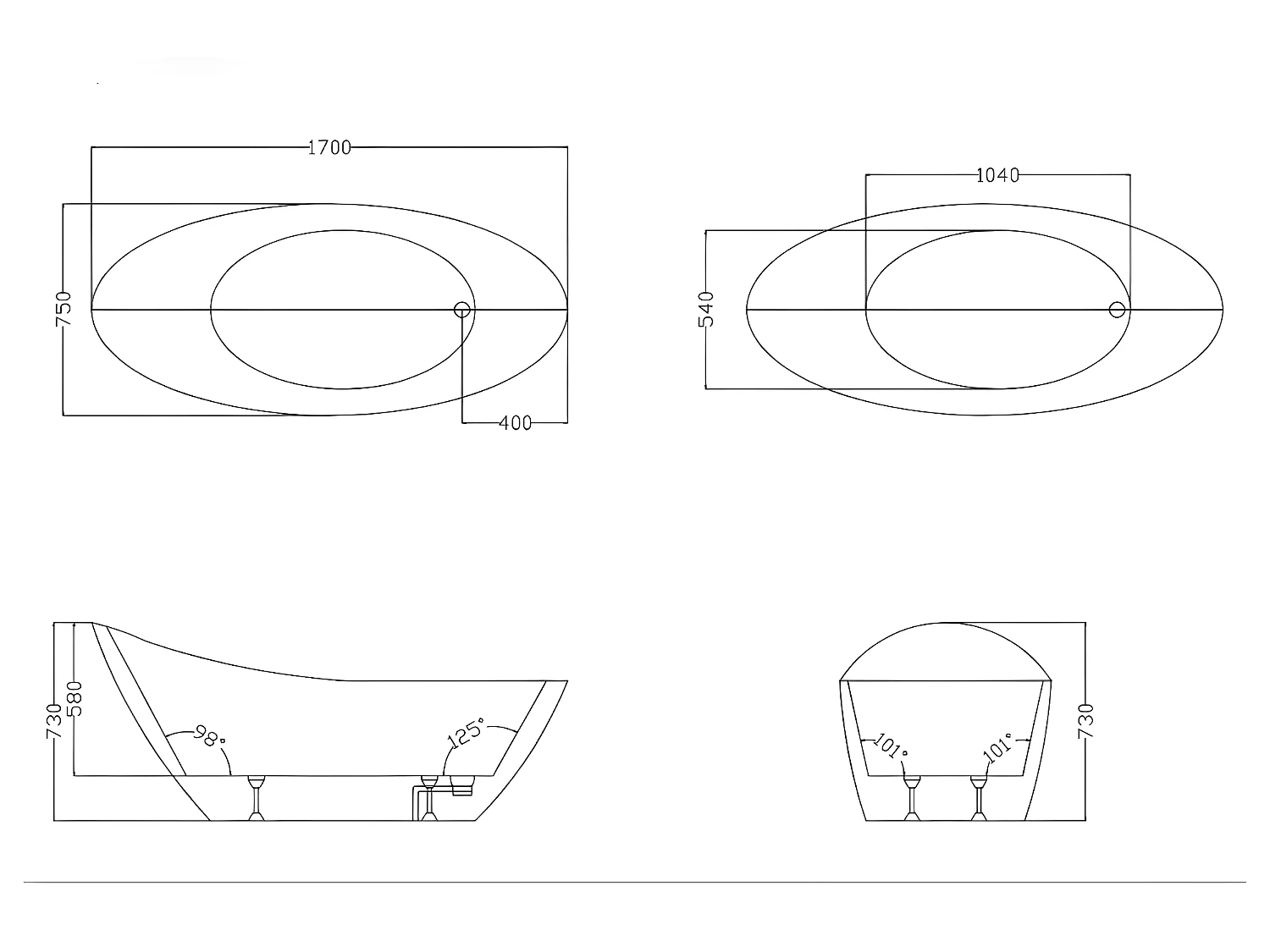 Vrijstaande badkuip NATALIA - eenpersoons -  170x75x73cm - 282L - Wit