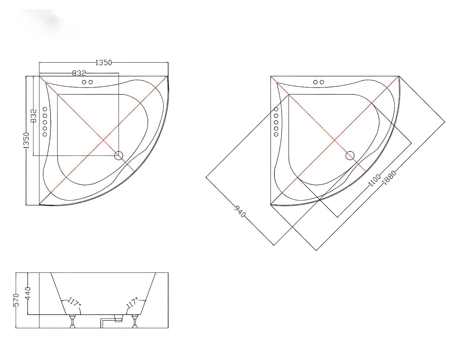 Baignoire balnéo d'angle AGYNESS - 263L - 135*135*57 cm
