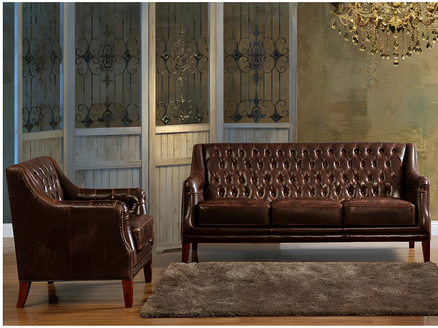 Canapé 3 places et un fauteuil en cuir COLBERT - Marron