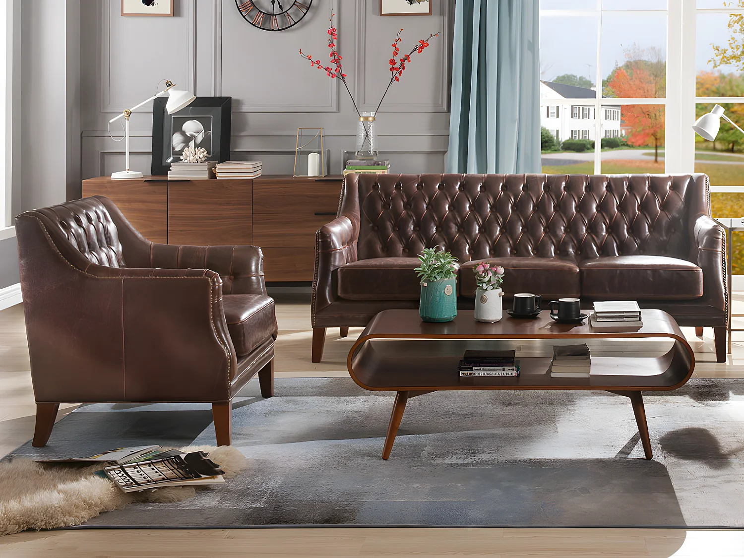 Canapé 3 places et un fauteuil en cuir COLBERT - Marron