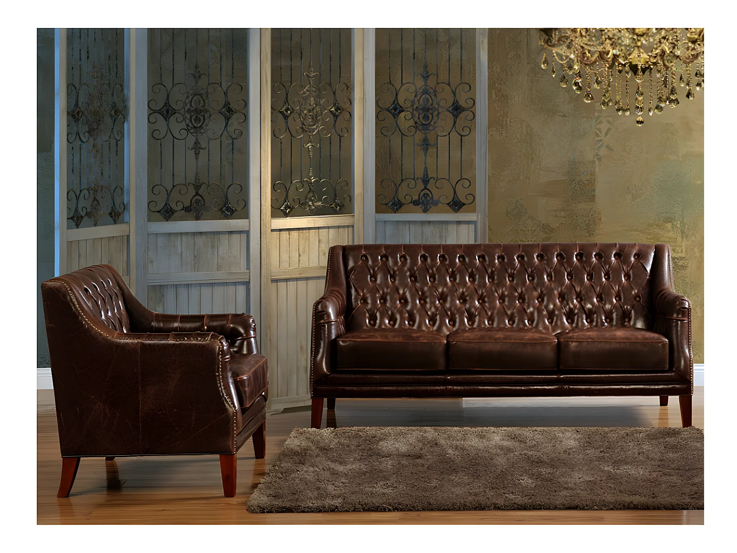 3-personers sofa og læderlænestol COLBERT - Brun