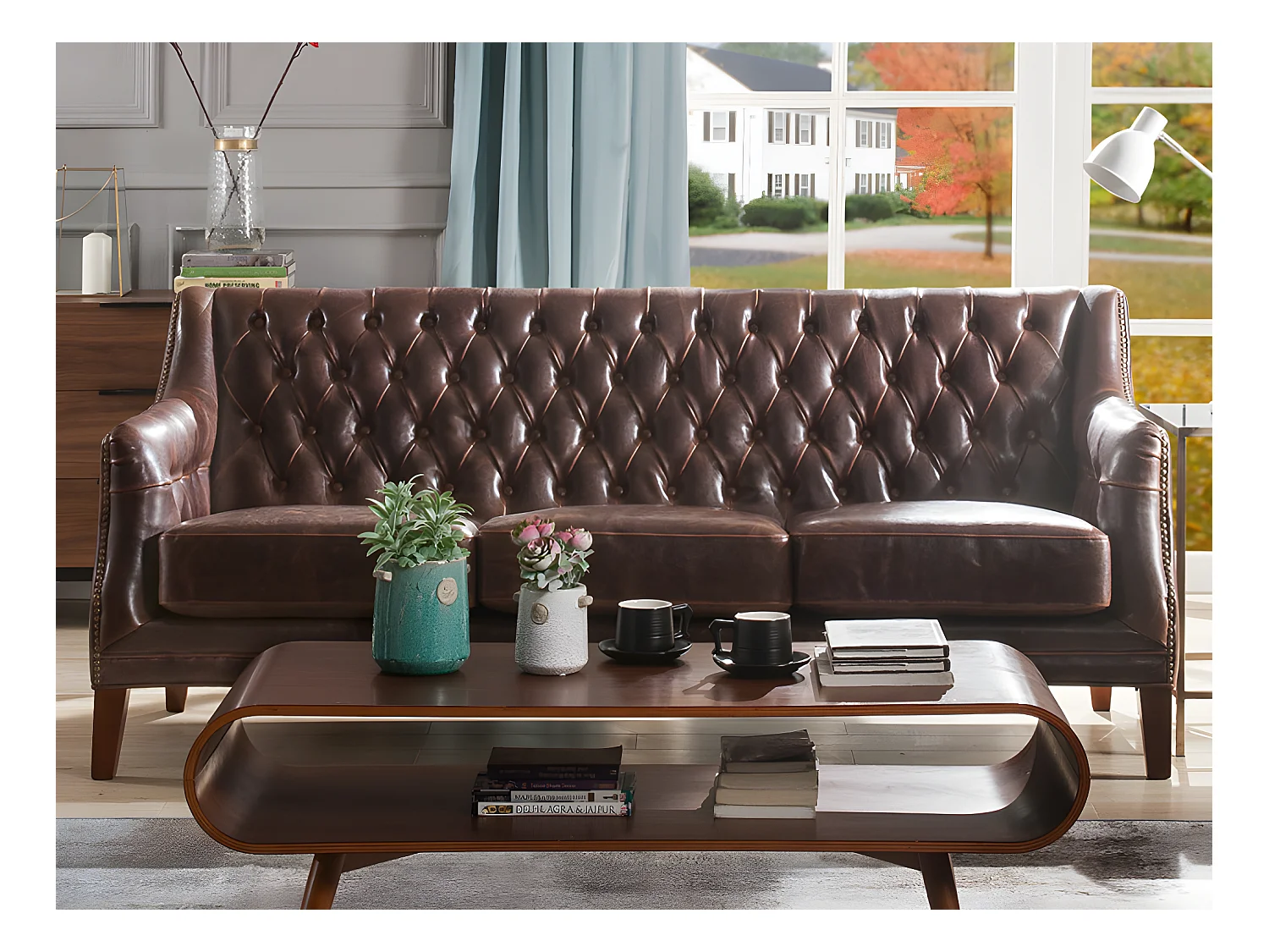 3-personers sofa og læderlænestol COLBERT - Brun