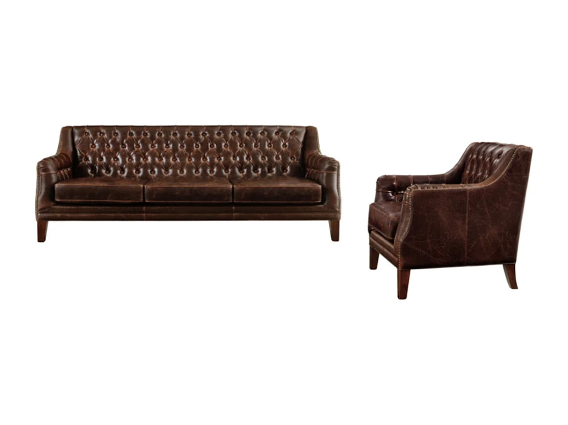 Canapé 3 places et un fauteuil en cuir COLBERT - Marron