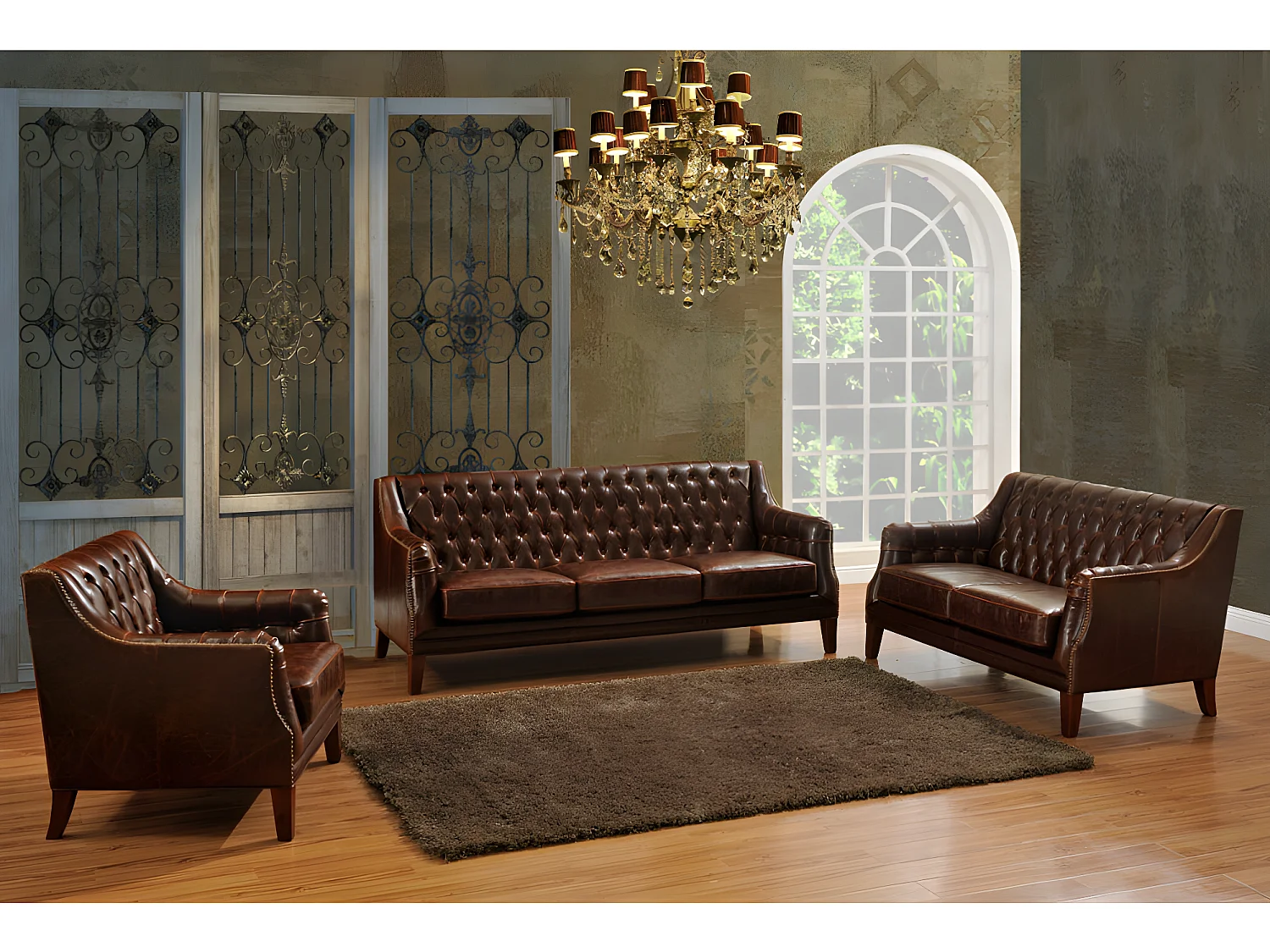 Canapés 3 places 2 places et un fauteuil en cuir COLBERT - Marron