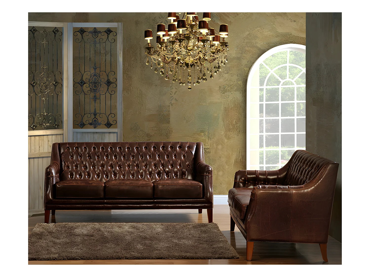 3-personers sofa og 2 læderlænestole COLBERT - Brun