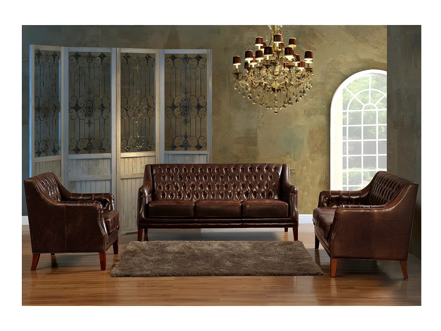 3-personers sofa og 2 læderlænestole COLBERT - Brun