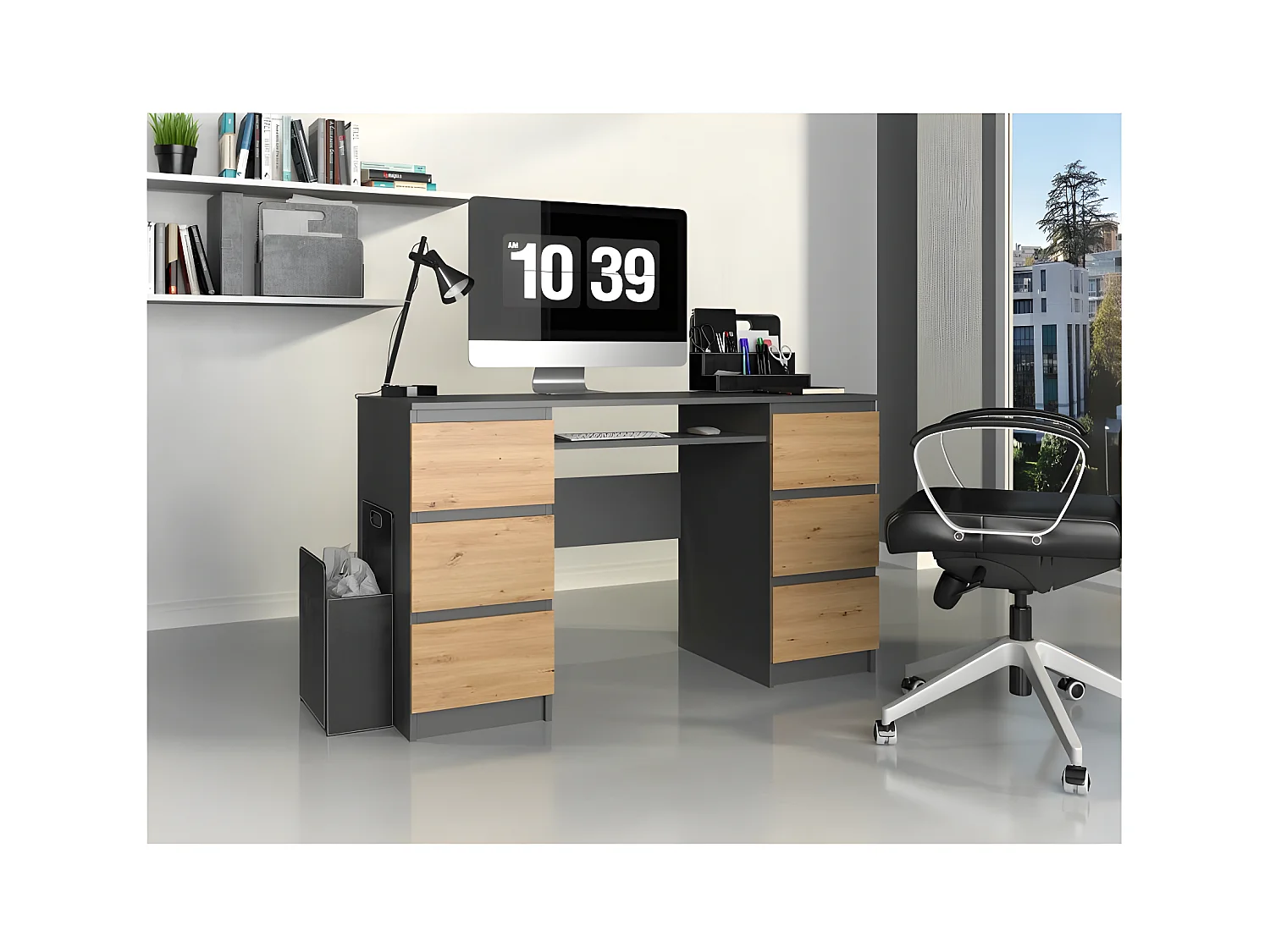 BARI - Mesa de ordenador - 6 Cajones + Soporte deslizante para teclado  - Muebles de oficina