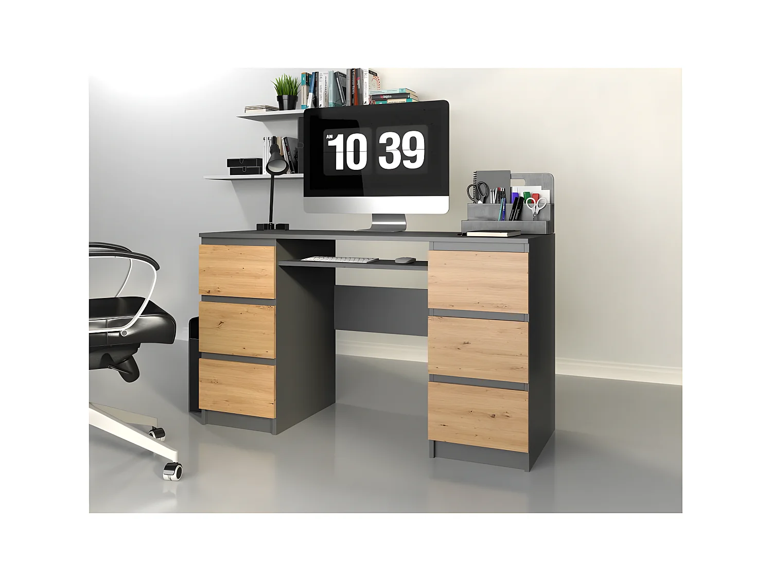 BARI - Mesa de ordenador - 6 Cajones + Soporte deslizante para teclado  - Muebles de oficina