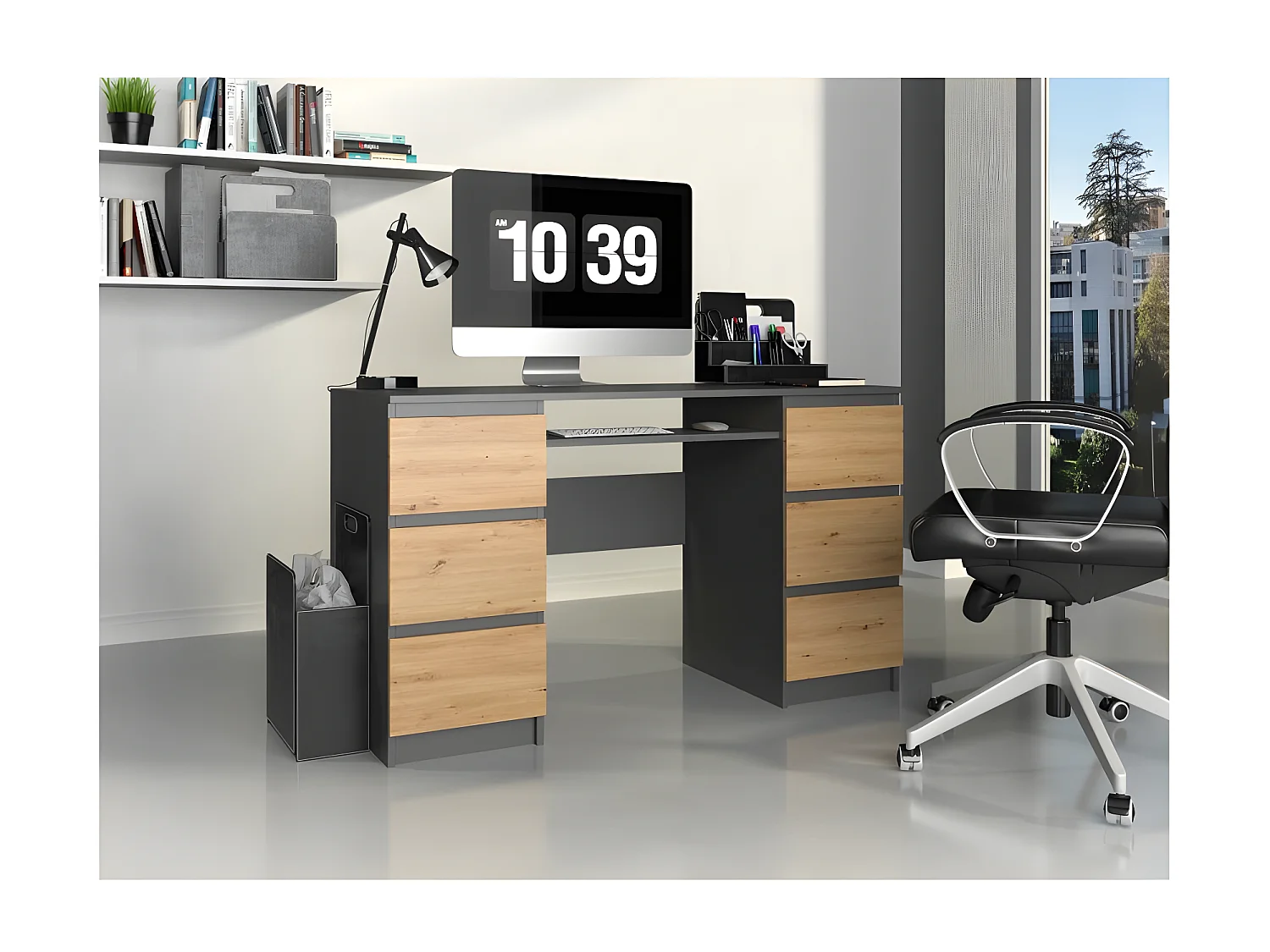 BARI - Mesa de ordenador - 6 Cajones + Soporte deslizante para teclado  - Muebles de oficina