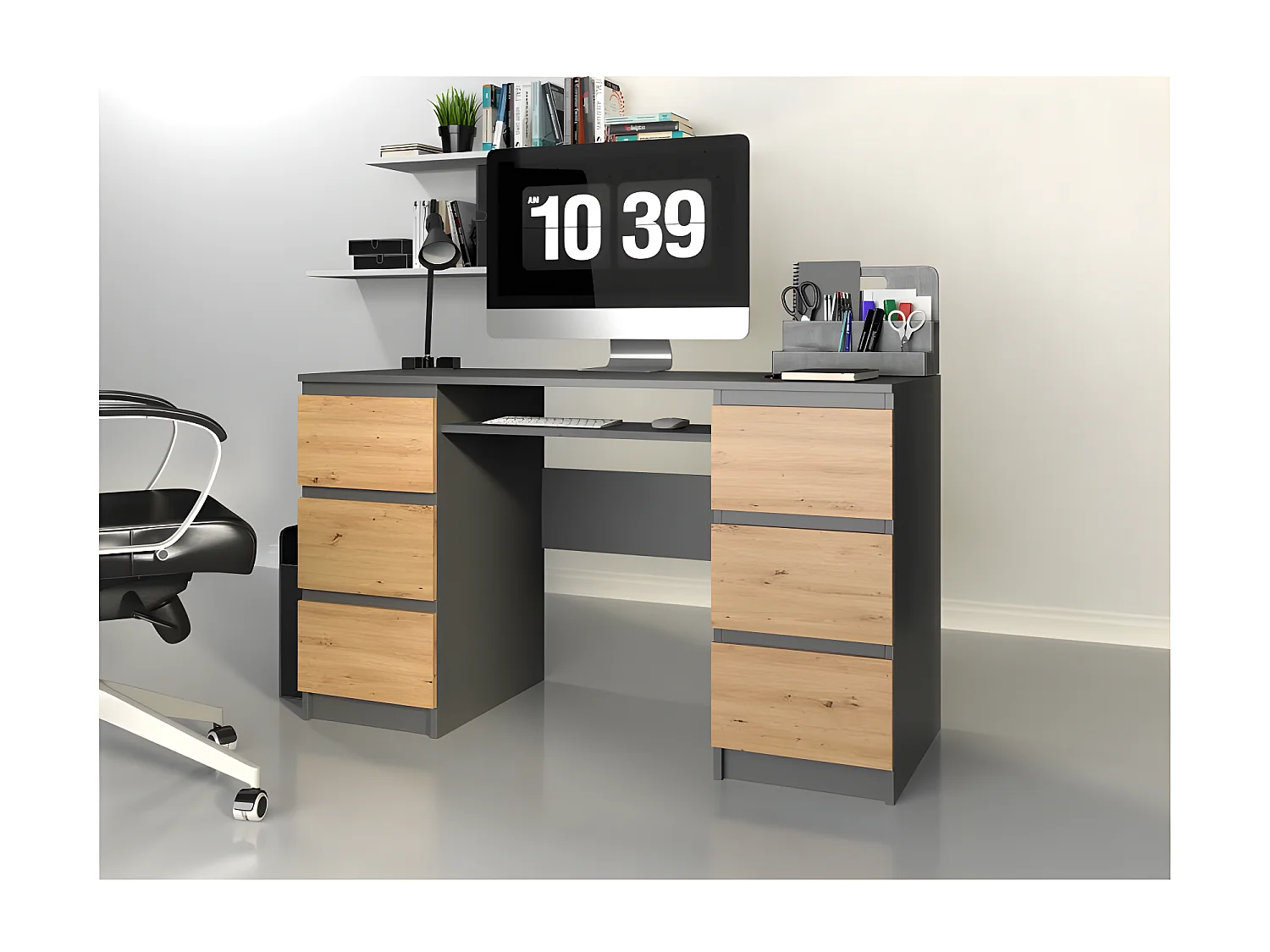BARI - Mesa de ordenador - 6 Cajones + Soporte deslizante para teclado  - Muebles de oficina