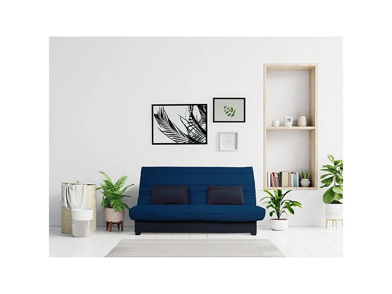 Banquette Clic clac - Tissu Indigo + 2 coussins Noir - L 194 x P 98 x H 100 cm - Made in France - ROXI