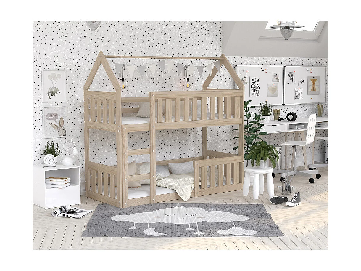 Lit superposé enfant Cabane Mini 80 x 160 cm - Bois massif - Barrière de sécurité incluse - Pin