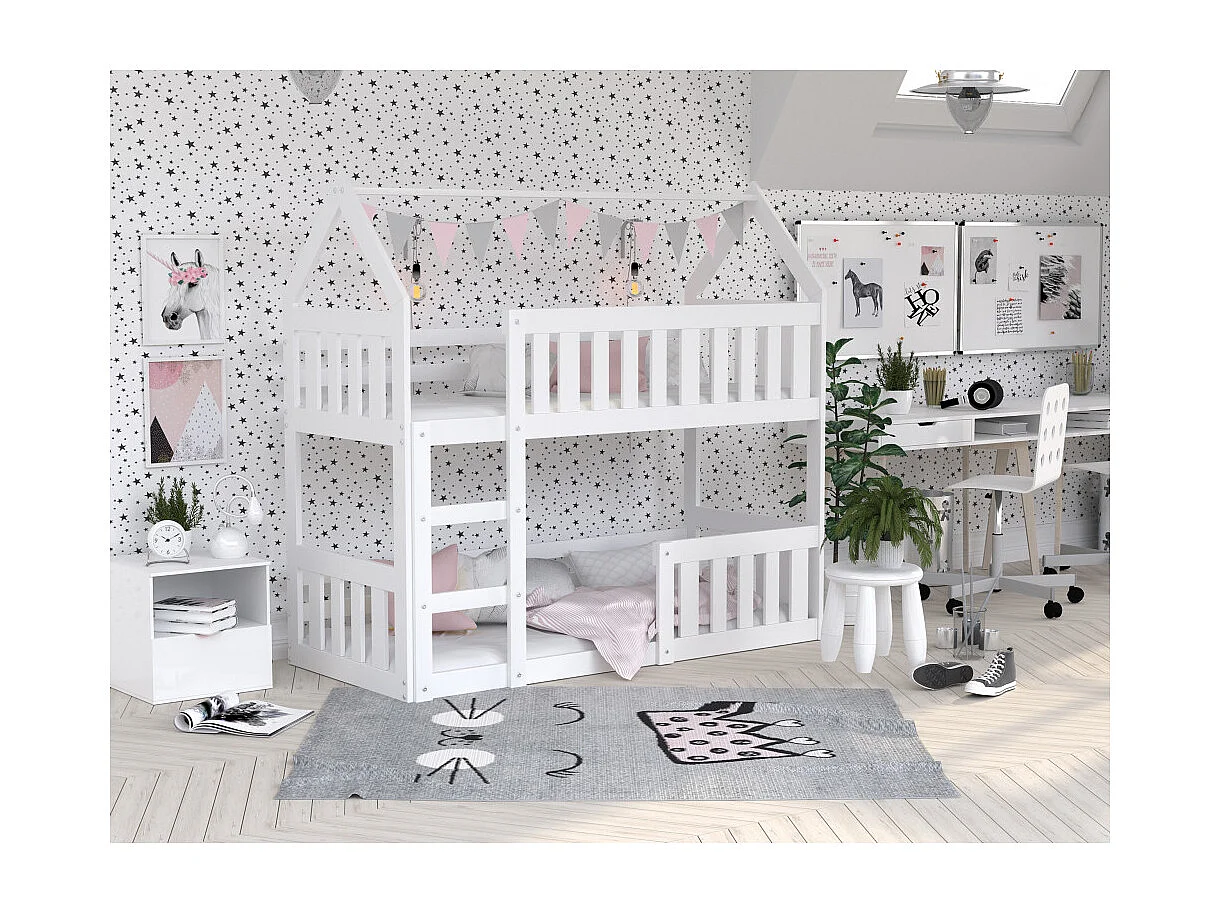 Lit superposé enfant Cabane Mini 80 x 160 cm - Bois massif - Barrière de sécurité incluse - Blanc