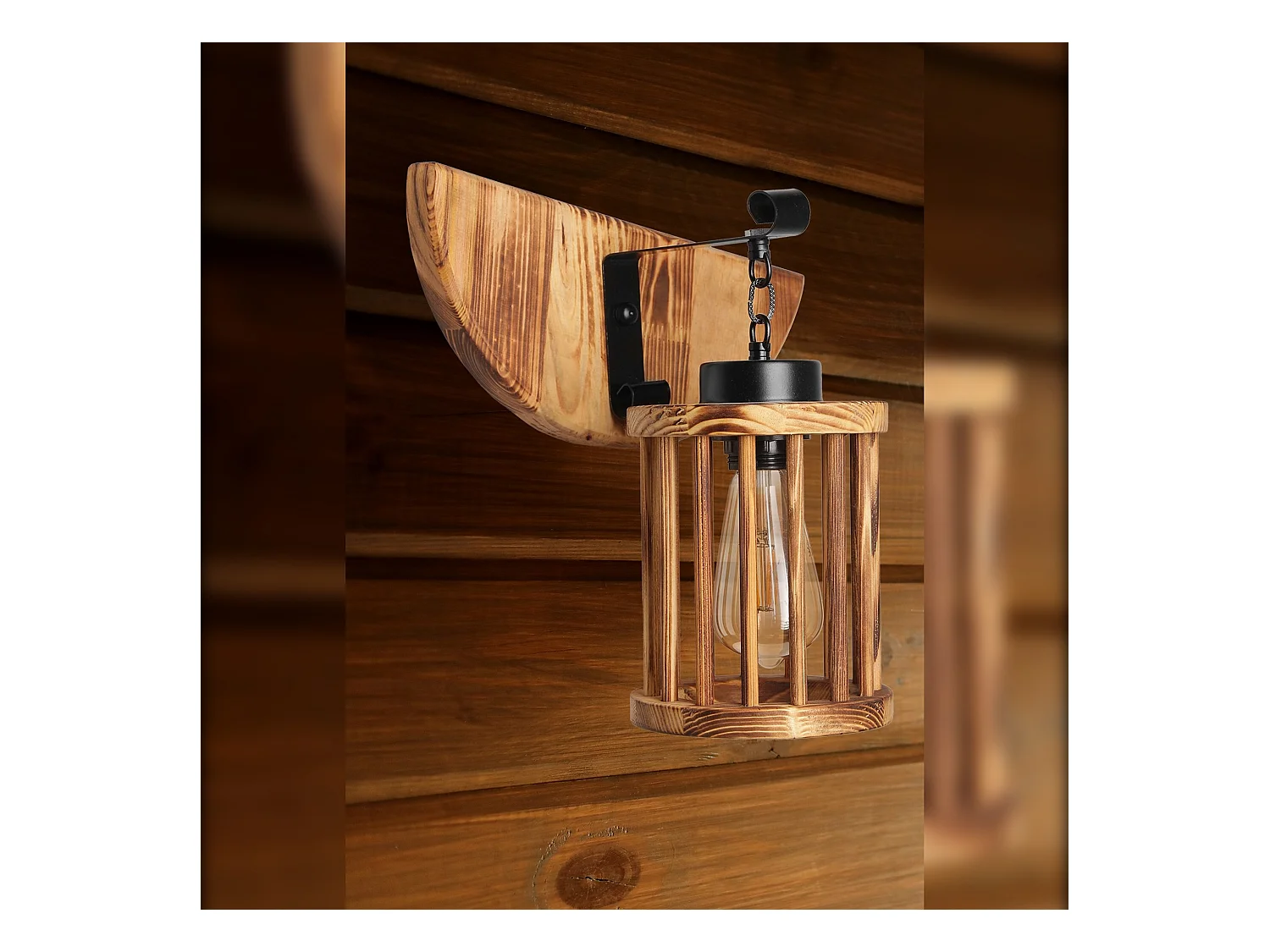 Applique Murale Interieur,  En Bois Et Métal, Luminaire Rétro Industriel , Marron 15x15x25 Cm